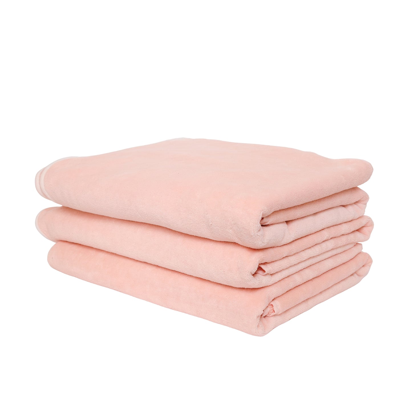 3 blush rose-pink colored towels neatly stacked.