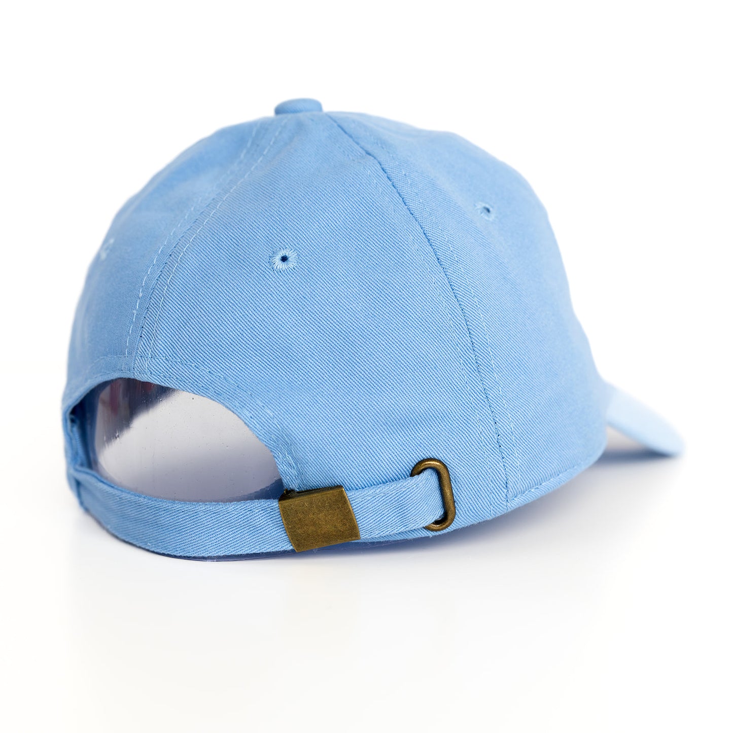 A blue baseball hat with a white background.