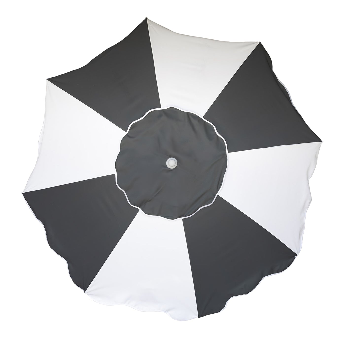 over top view of black and white beach umbrella on a white background