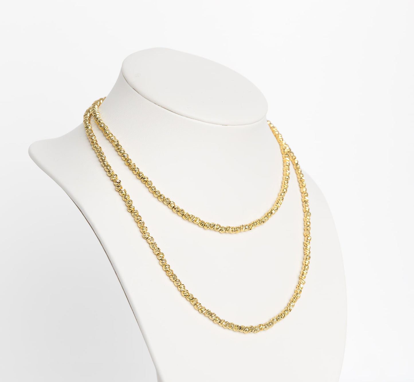 A14-inch gold necklace chain displayed on a white mannequin bust along with smaller gold necklace chain