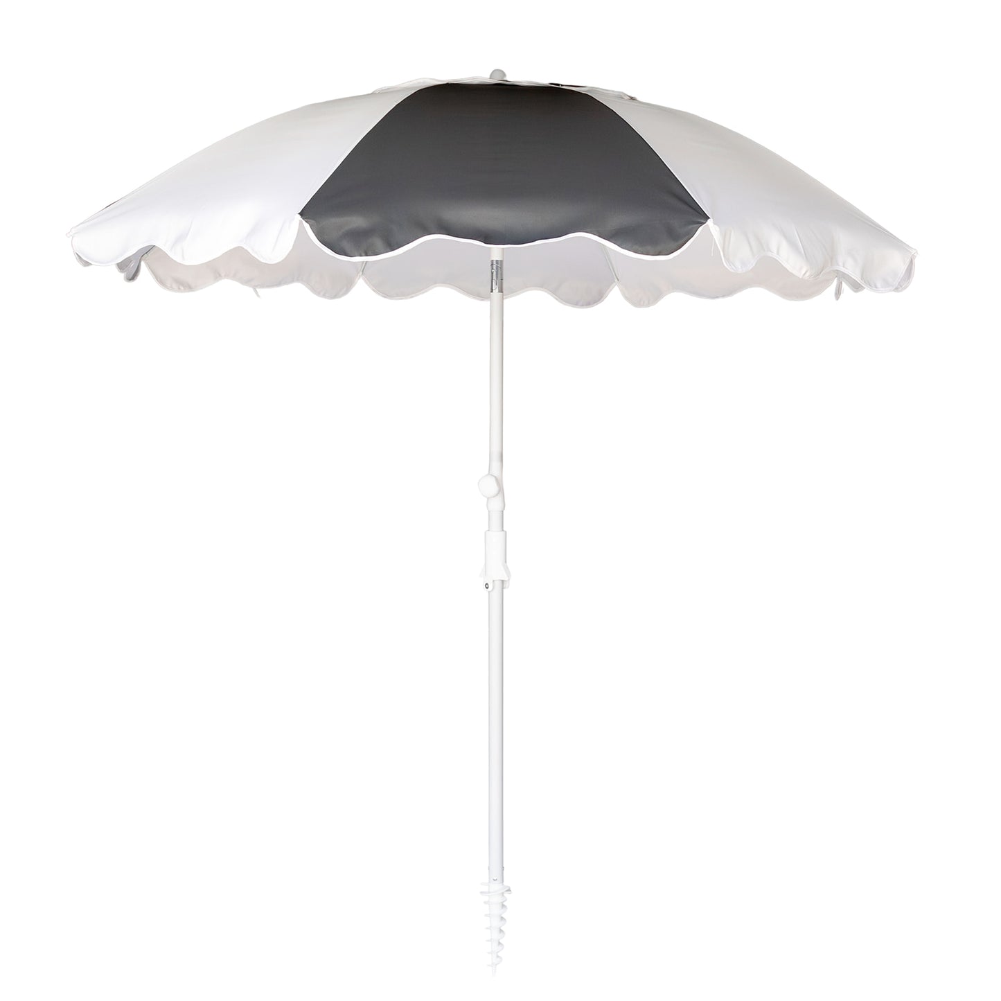 White and black beach umbrella on a white background