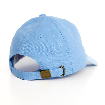A blue baseball hat with a white background.