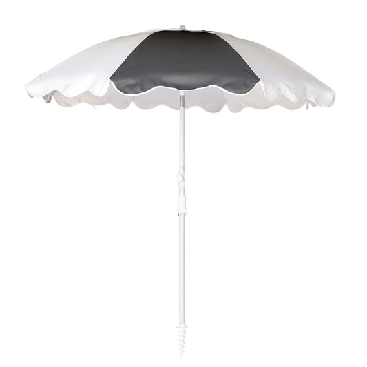White and black beach umbrella on a white background